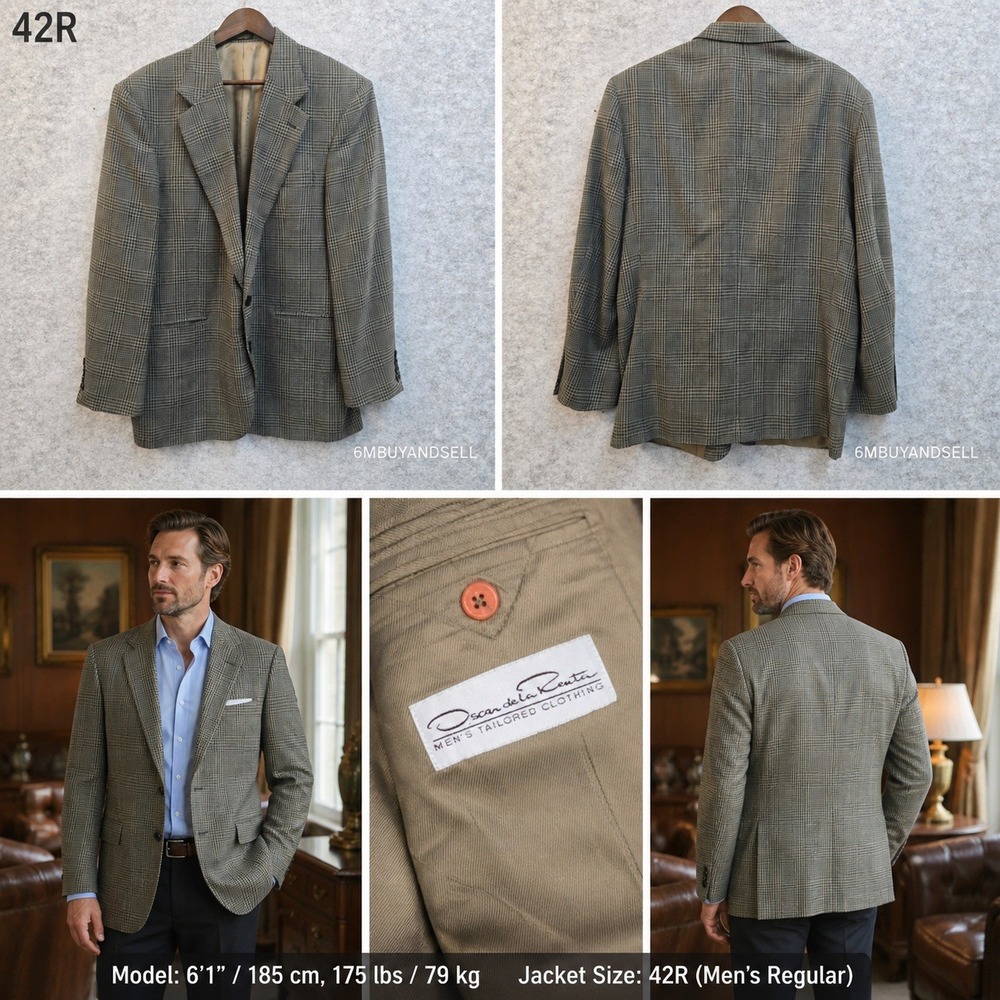 Oscar de la Renta Mens 42R Wool Glen‎ Plaid Blazer Sport Coat Tan Grey 5910B